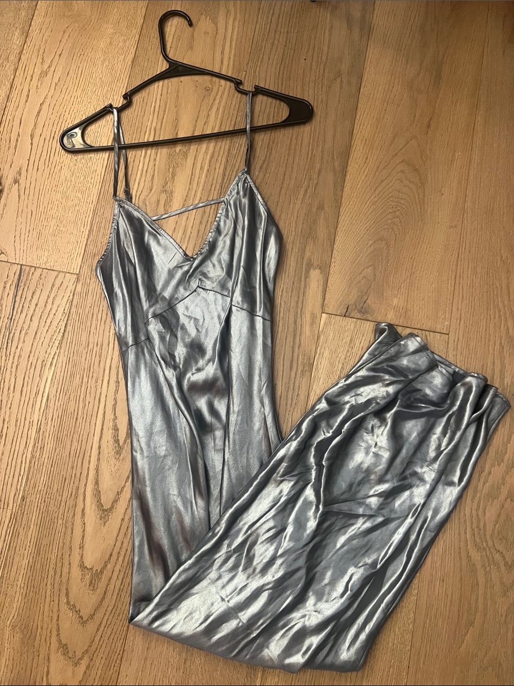 Free People Metallic Silver Satin Slip Dress